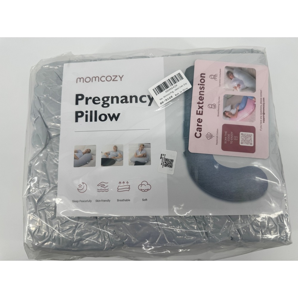 Momcozy Pregnancy Pillow J-Shape Grey Velvet Cover Breathable Maternity Sealed